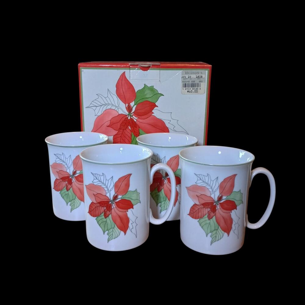 Set/4 Mugs Block SPAL Portugal Watercolor Poinsettia by Mary Lou Goertzen